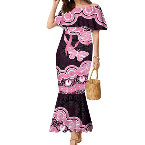 Australia Indigenous Mermaid Dress Pink Ribbon Breast Cancer Butterfly Aboriginal Black - Aussie Hoodie