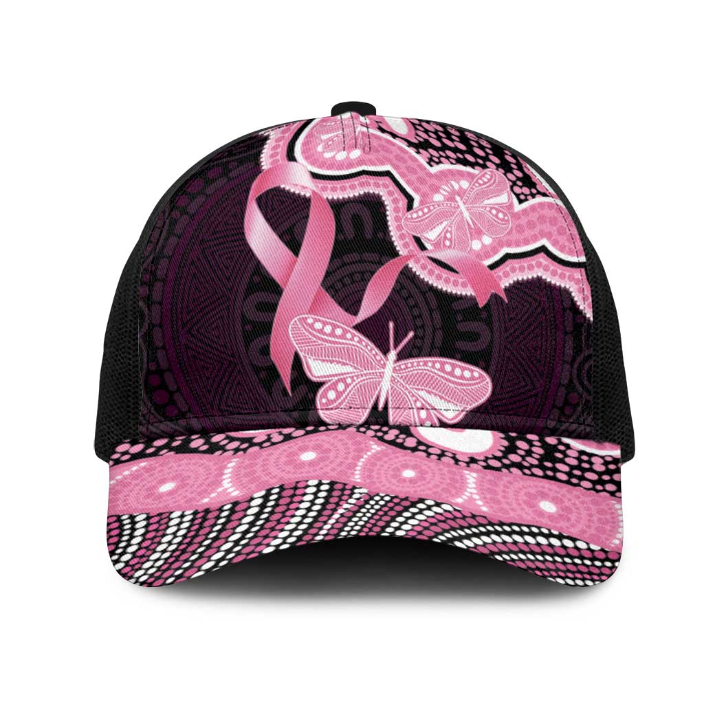 Australia Indigenous Mesh Trucker Cap Pink Ribbon Breast Cancer Butterfly Aboriginal Black - Aussie Hoodie