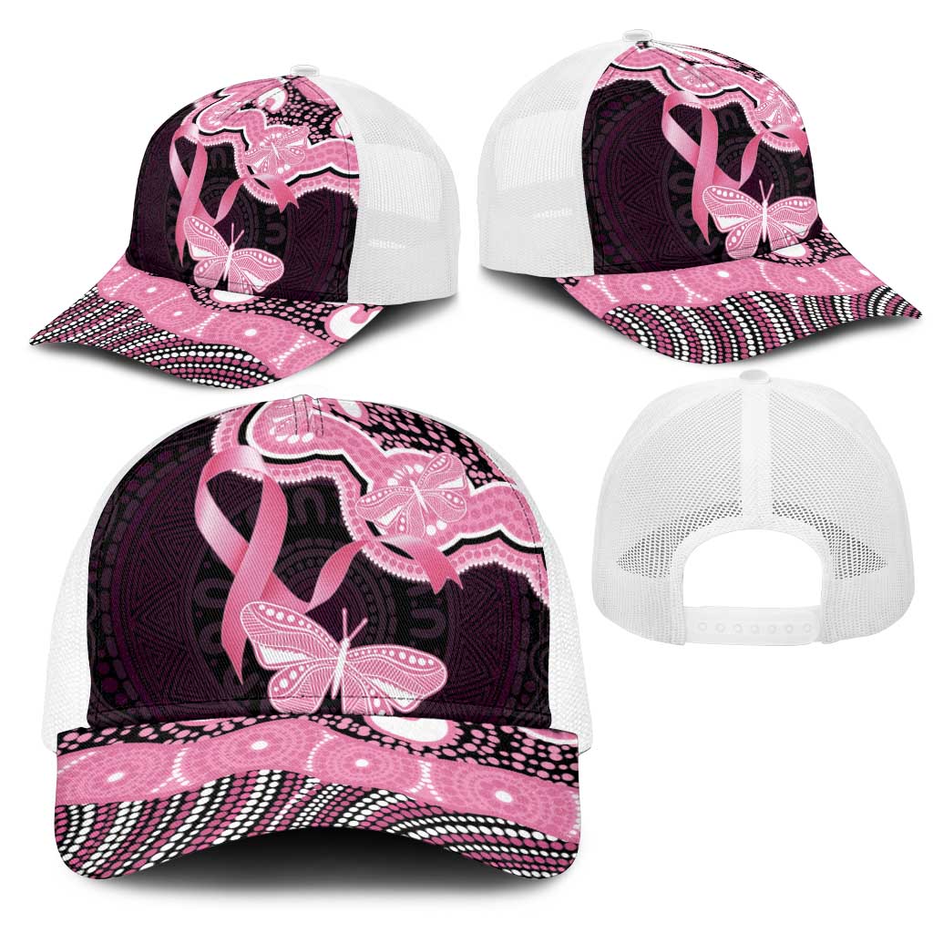 Australia Indigenous Mesh Trucker Cap Pink Ribbon Breast Cancer Butterfly Aboriginal Black - Aussie Hoodie