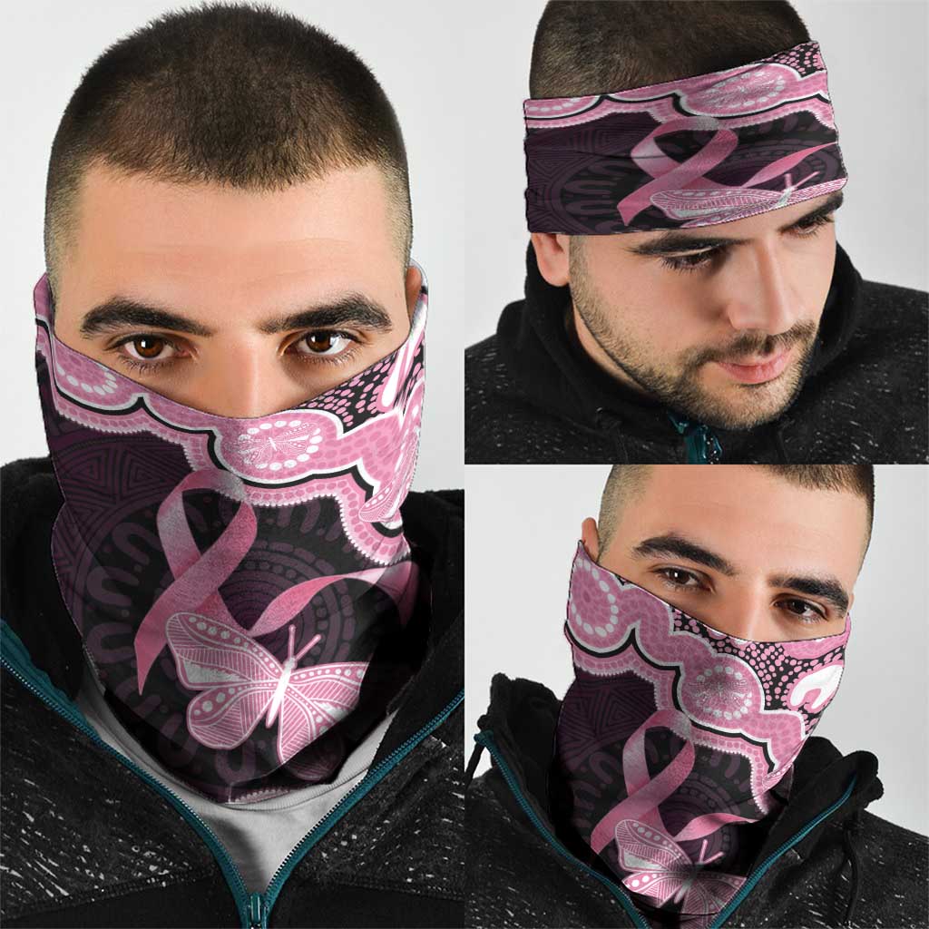 Australia Indigenous Neck Gaiter Pink Ribbon Breast Cancer Butterfly Aboriginal Black - Aussie Hoodie