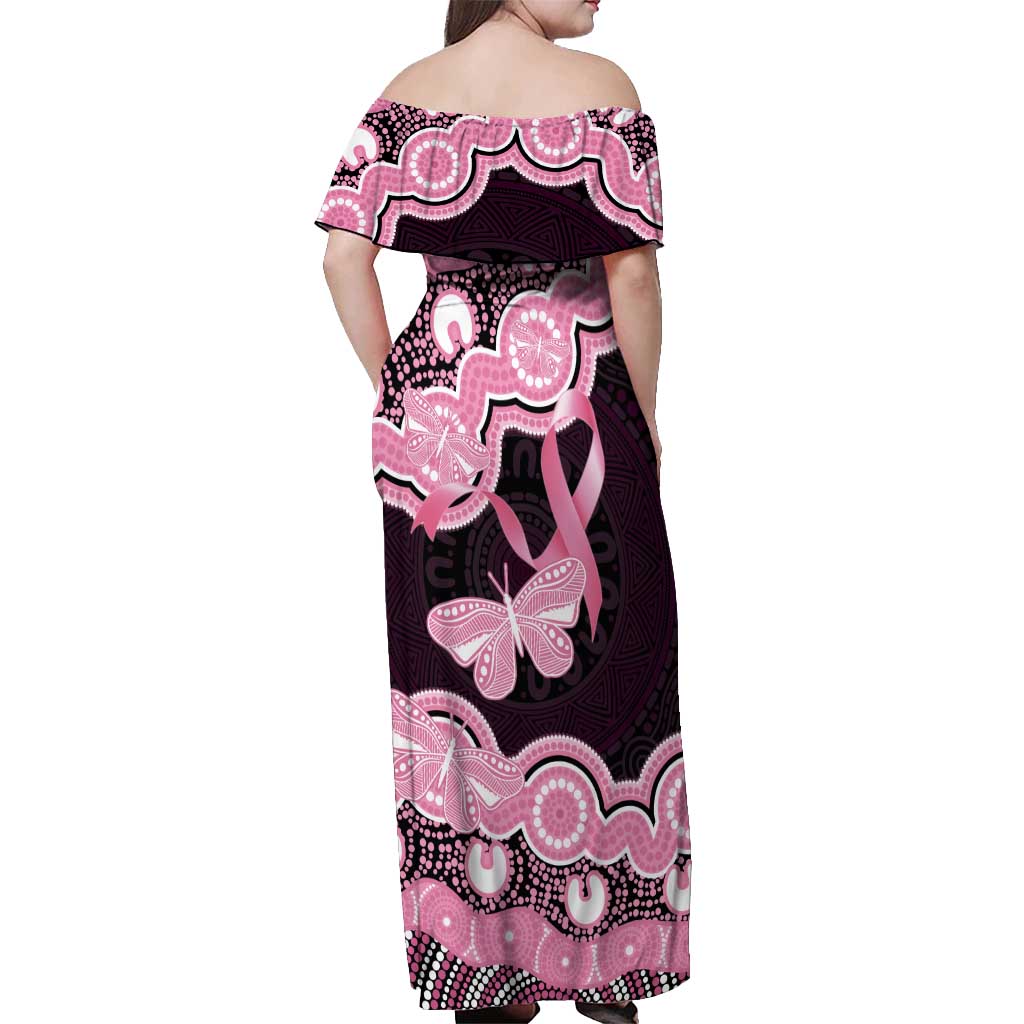 Australia Indigenous Off Shoulder Maxi Dress Pink Ribbon Breast Cancer Butterfly Aboriginal Black - Aussie Hoodie