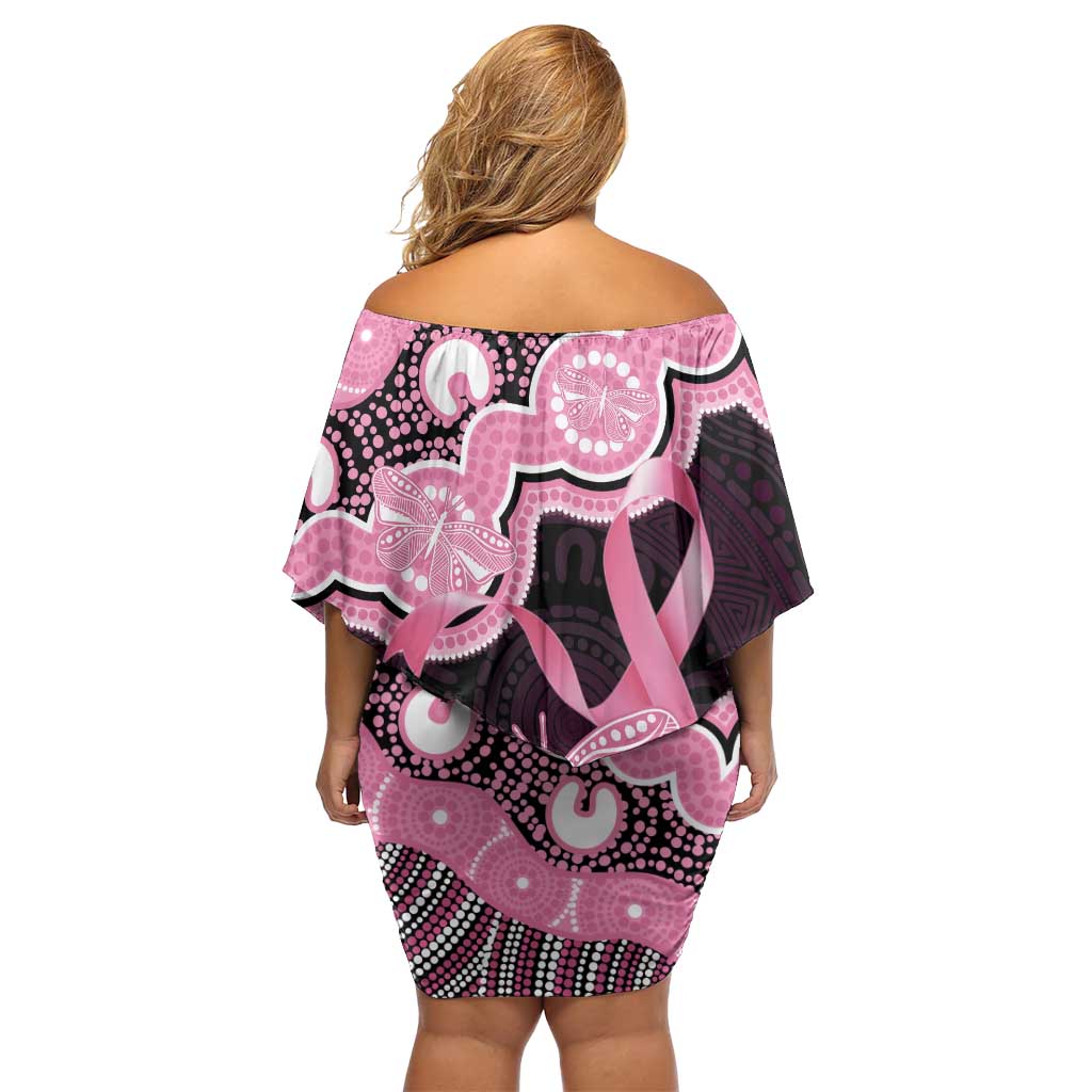 Australia Indigenous Off Shoulder Short Dress Pink Ribbon Breast Cancer Butterfly Aboriginal Black - Aussie Hoodie