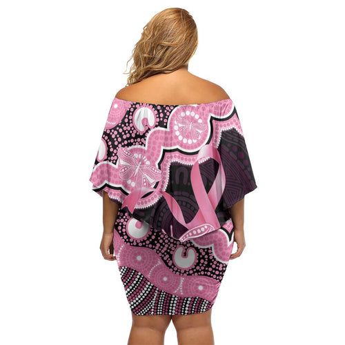 Australia Indigenous Off Shoulder Short Dress Pink Ribbon Breast Cancer Butterfly Aboriginal Black - Aussie Hoodie