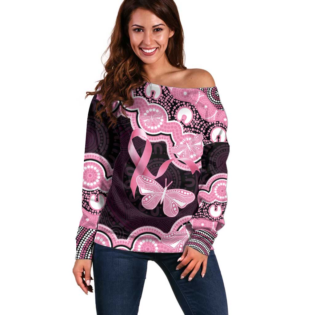 Australia Indigenous Off Shoulder Sweater Pink Ribbon Breast Cancer Butterfly Aboriginal Black - Aussie Hoodie