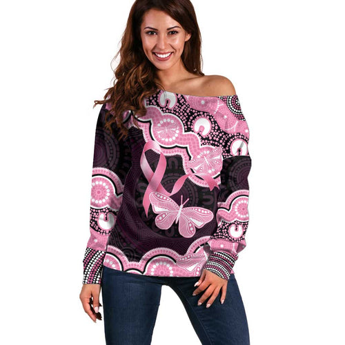 Australia Indigenous Off Shoulder Sweater Pink Ribbon Breast Cancer Butterfly Aboriginal Black - Aussie Hoodie