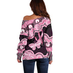 Australia Indigenous Off Shoulder Sweater Pink Ribbon Breast Cancer Butterfly Aboriginal Black - Aussie Hoodie