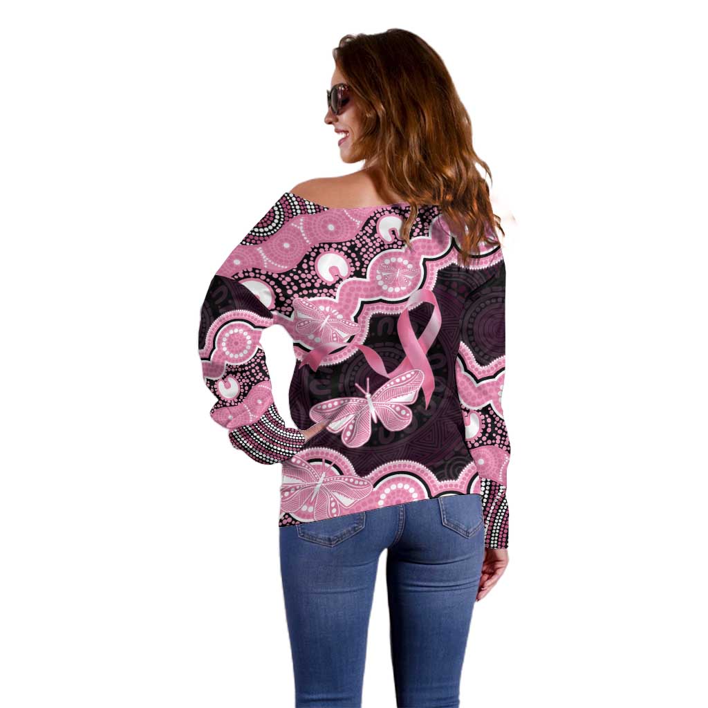 Australia Indigenous Off Shoulder Sweater Pink Ribbon Breast Cancer Butterfly Aboriginal Black - Aussie Hoodie