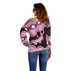 Australia Indigenous Off Shoulder Sweater Pink Ribbon Breast Cancer Butterfly Aboriginal Black - Aussie Hoodie