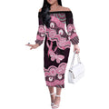 Australia Indigenous Off The Shoulder Long Sleeve Dress Pink Ribbon Breast Cancer Butterfly Aboriginal Black - Aussie Hoodie