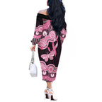 Australia Indigenous Off The Shoulder Long Sleeve Dress Pink Ribbon Breast Cancer Butterfly Aboriginal Black - Aussie Hoodie