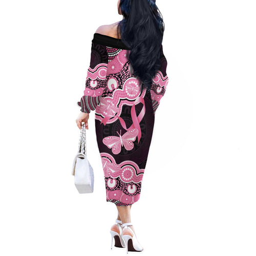 Australia Indigenous Off The Shoulder Long Sleeve Dress Pink Ribbon Breast Cancer Butterfly Aboriginal Black - Aussie Hoodie