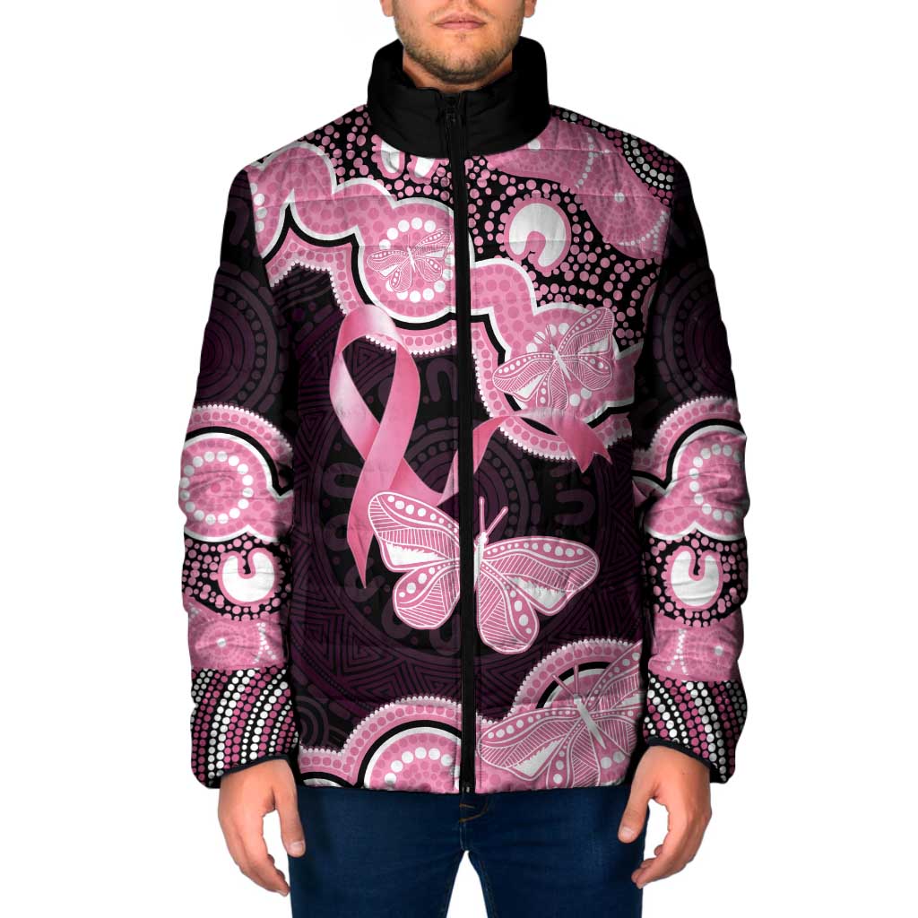 Australia Indigenous Padded Jacket Pink Ribbon Breast Cancer Butterfly Aboriginal Black - Aussie Hoodie