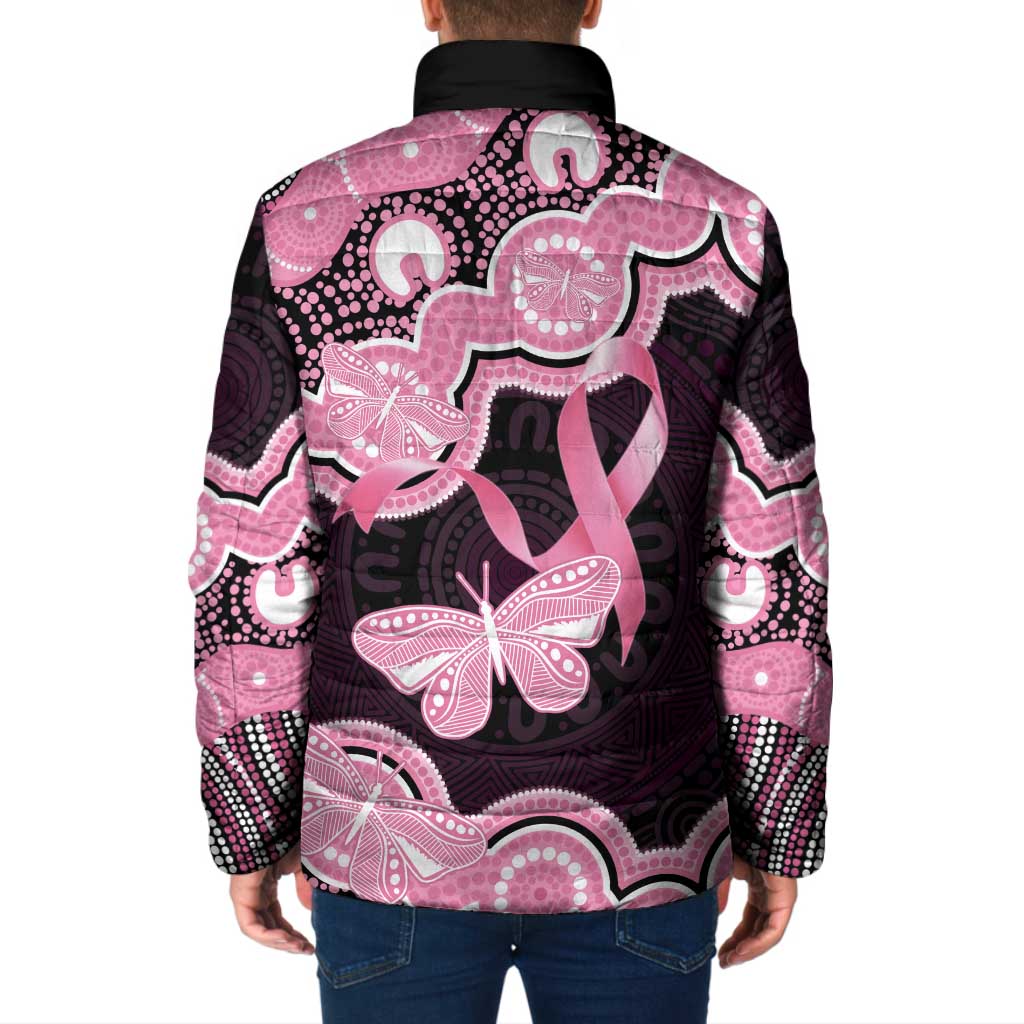 Australia Indigenous Padded Jacket Pink Ribbon Breast Cancer Butterfly Aboriginal Black - Aussie Hoodie