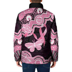 Australia Indigenous Padded Jacket Pink Ribbon Breast Cancer Butterfly Aboriginal Black - Aussie Hoodie