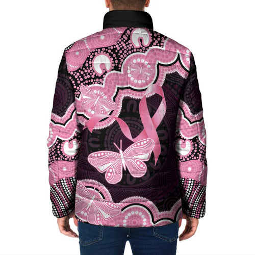Australia Indigenous Padded Jacket Pink Ribbon Breast Cancer Butterfly Aboriginal Black - Aussie Hoodie