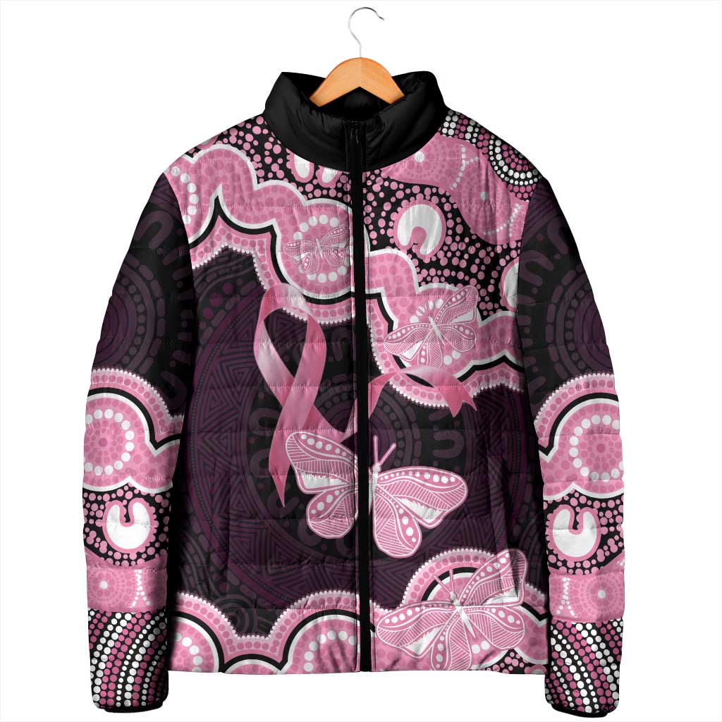 Australia Indigenous Padded Jacket Pink Ribbon Breast Cancer Butterfly Aboriginal Black - Aussie Hoodie