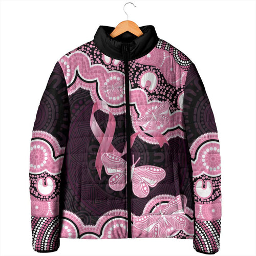 Australia Indigenous Padded Jacket Pink Ribbon Breast Cancer Butterfly Aboriginal Black - Aussie Hoodie
