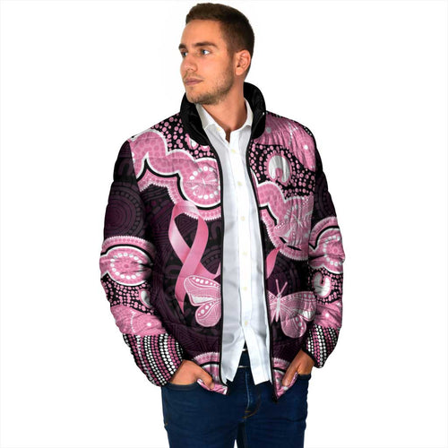 Australia Indigenous Padded Jacket Pink Ribbon Breast Cancer Butterfly Aboriginal Black - Aussie Hoodie
