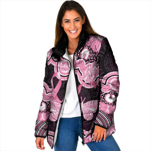 Australia Indigenous Padded Jacket Pink Ribbon Breast Cancer Butterfly Aboriginal Black - Aussie Hoodie