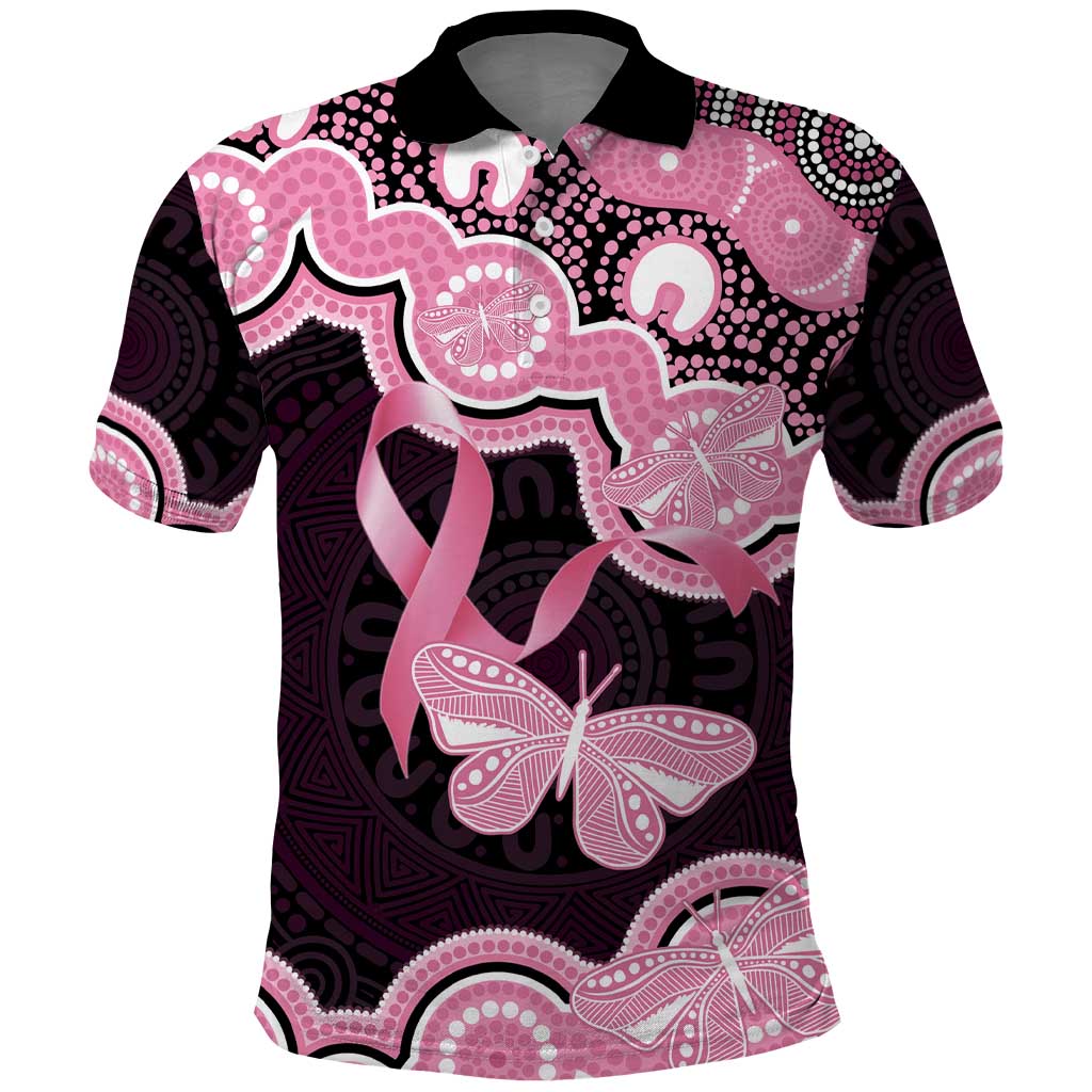 Australia Indigenous Polo Shirt Pink Ribbon Breast Cancer Butterfly Aboriginal Black - Aussie Hoodie