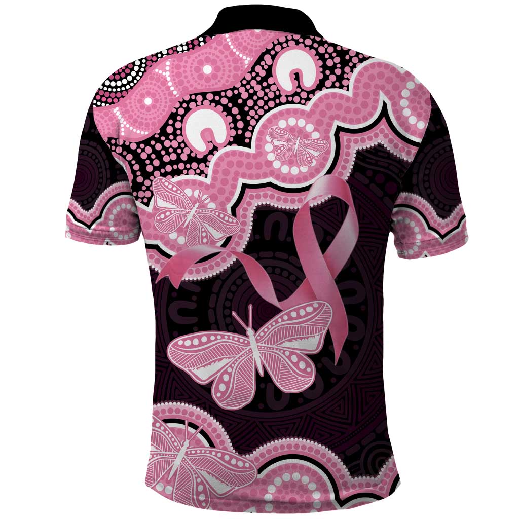 Australia Indigenous Polo Shirt Pink Ribbon Breast Cancer Butterfly Aboriginal Black - Aussie Hoodie
