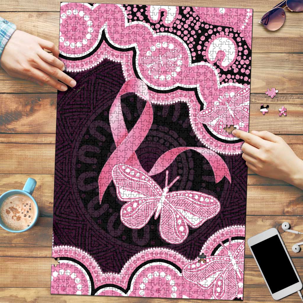 Australia Indigenous Puzzle Pink Ribbon Breast Cancer Butterfly Aboriginal Black - Aussie Hoodie