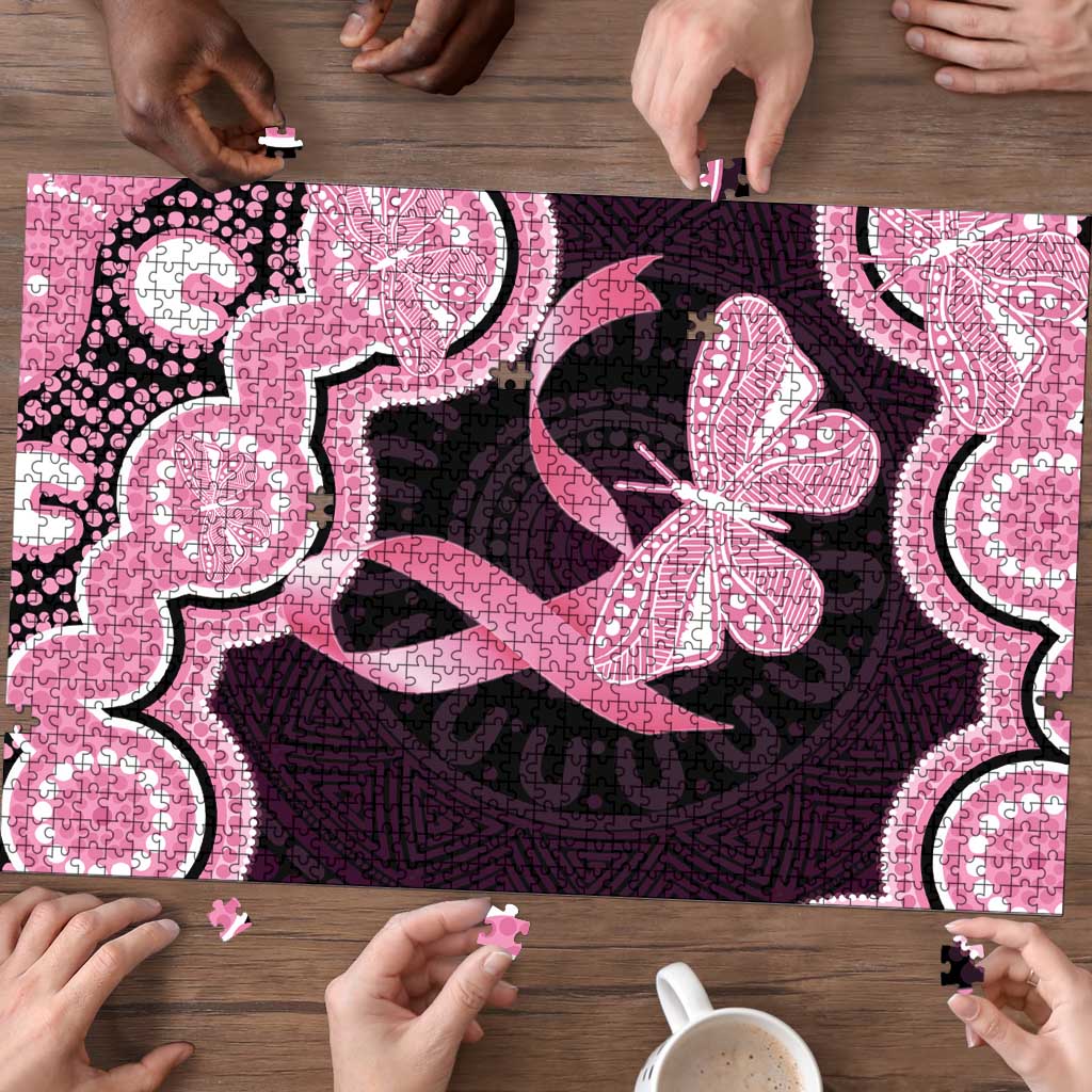 Australia Indigenous Puzzle Pink Ribbon Breast Cancer Butterfly Aboriginal Black - Aussie Hoodie