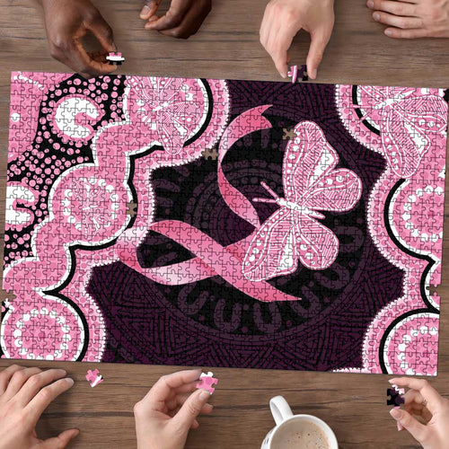 Australia Indigenous Puzzle Pink Ribbon Breast Cancer Butterfly Aboriginal Black - Aussie Hoodie