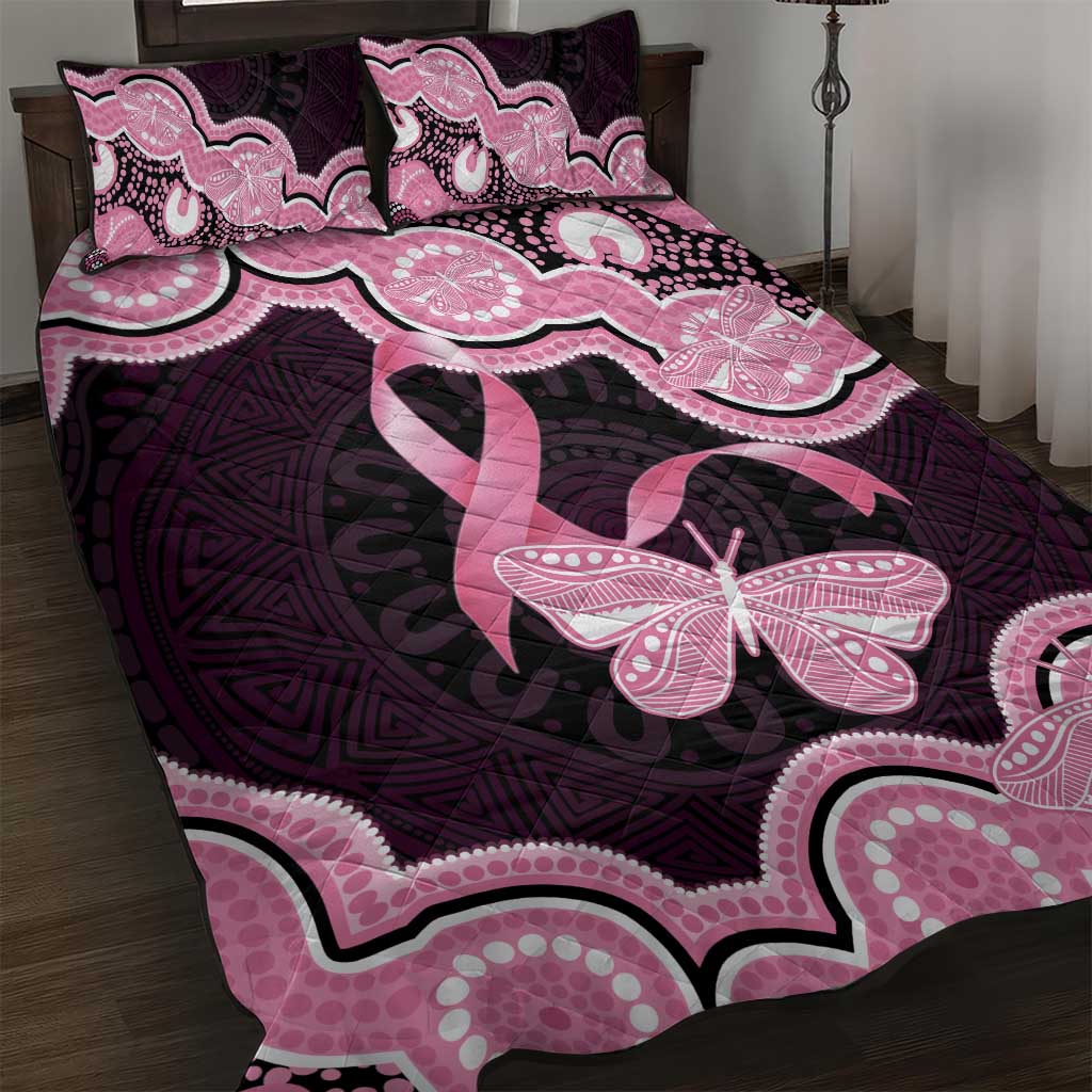 Australia Indigenous Quilt Bed Set Pink Ribbon Breast Cancer Butterfly Aboriginal Black - Aussie Hoodie