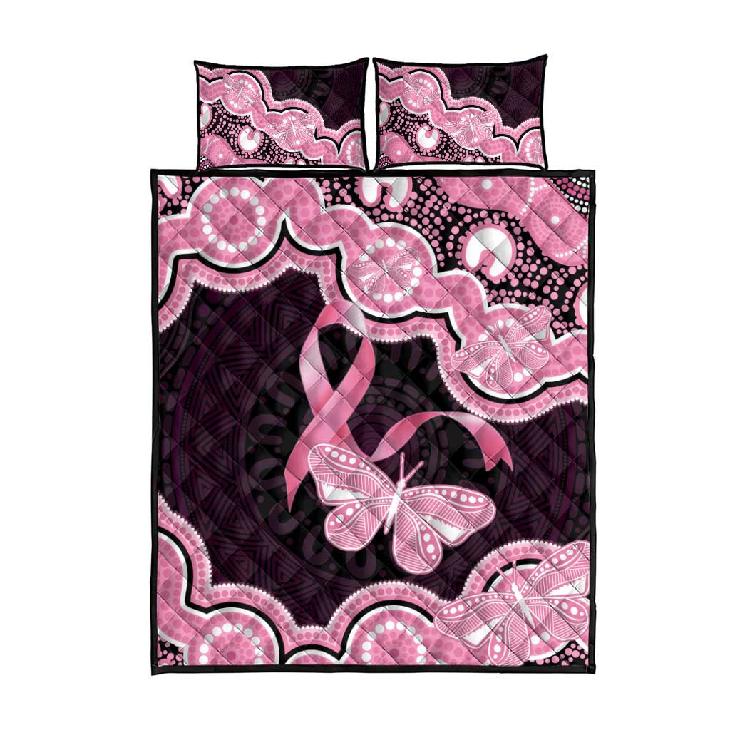 Australia Indigenous Quilt Bed Set Pink Ribbon Breast Cancer Butterfly Aboriginal Black - Aussie Hoodie
