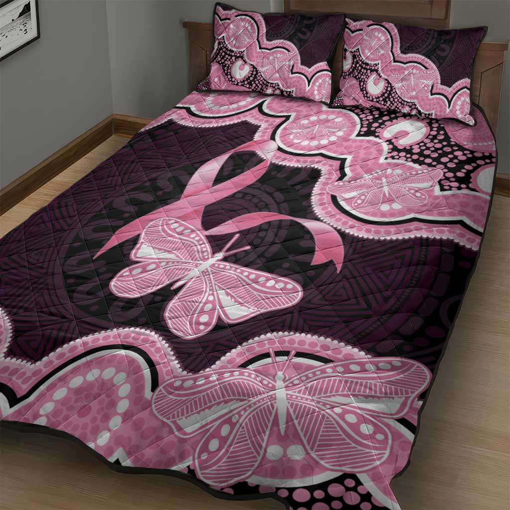 Australia Indigenous Quilt Bed Set Pink Ribbon Breast Cancer Butterfly Aboriginal Black - Aussie Hoodie