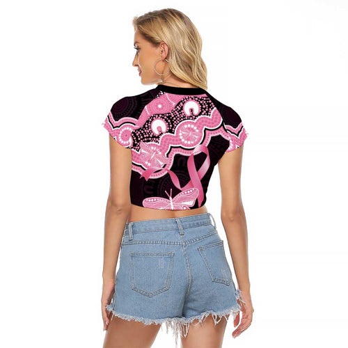 Australia Indigenous Raglan Cropped T Shirt Pink Ribbon Breast Cancer Butterfly Aboriginal Black - Aussie Hoodie