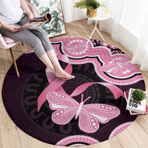 Australia Indigenous Round Carpet Pink Ribbon Breast Cancer Butterfly Aboriginal Black - Aussie Hoodie