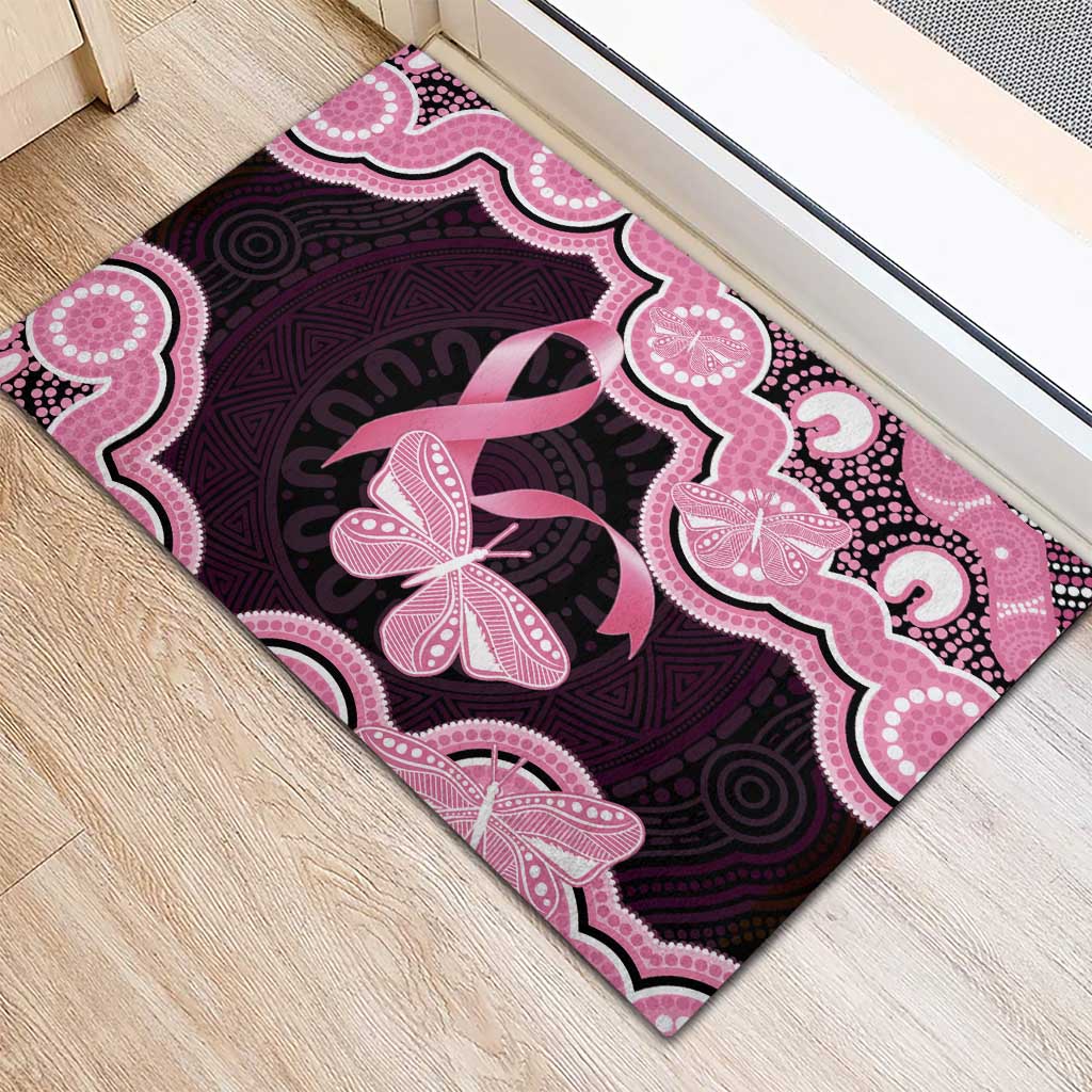 Australia Indigenous Rubber Doormat Pink Ribbon Breast Cancer Butterfly Aboriginal Black - Aussie Hoodie