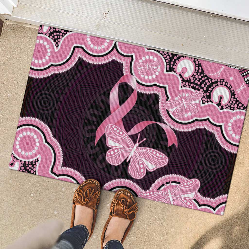 Australia Indigenous Rubber Doormat Pink Ribbon Breast Cancer Butterfly Aboriginal Black - Aussie Hoodie