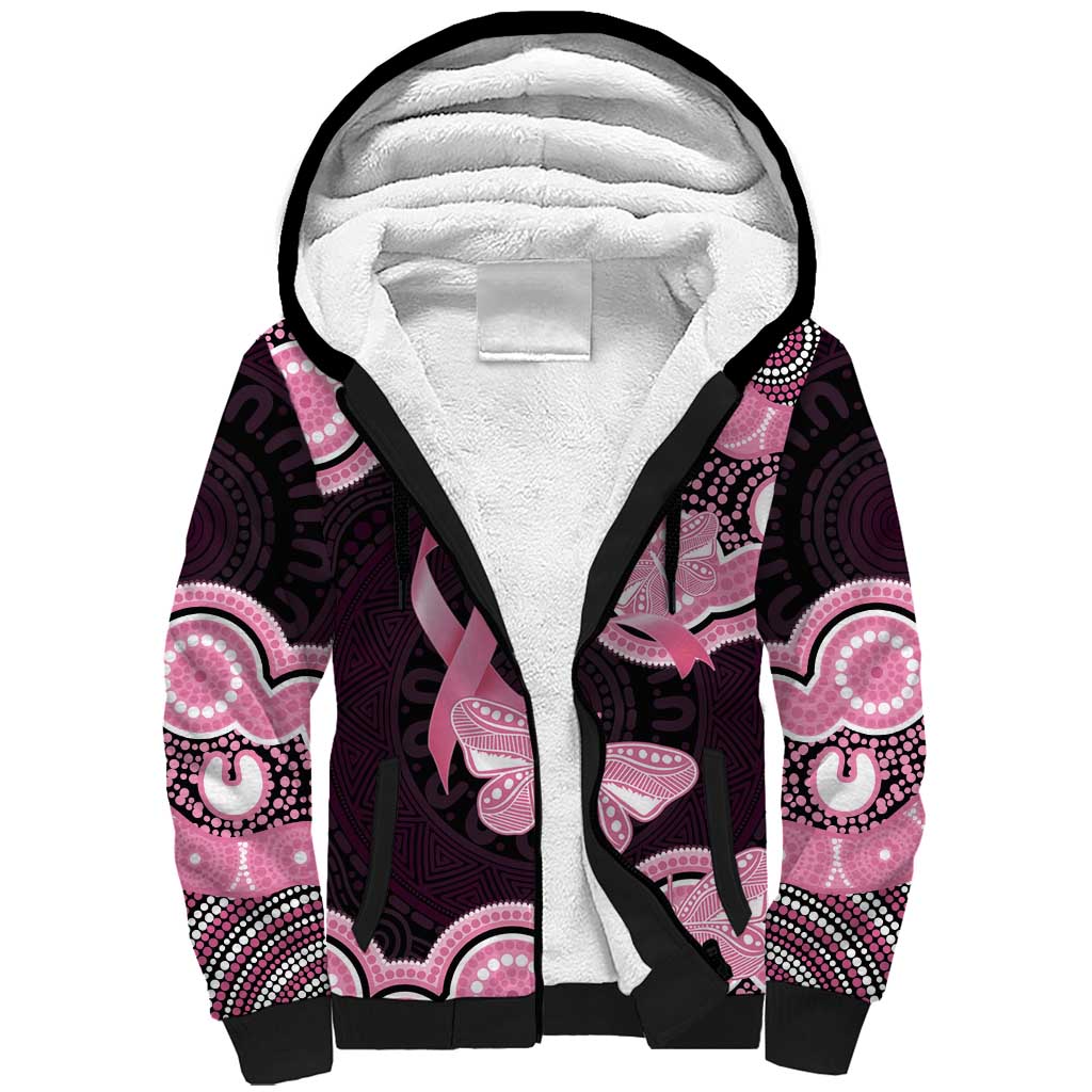 Australia Indigenous Sherpa Hoodie Pink Ribbon Breast Cancer Butterfly Aboriginal Black - Aussie Hoodie