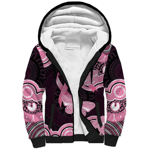 Australia Indigenous Sherpa Hoodie Pink Ribbon Breast Cancer Butterfly Aboriginal Black - Aussie Hoodie