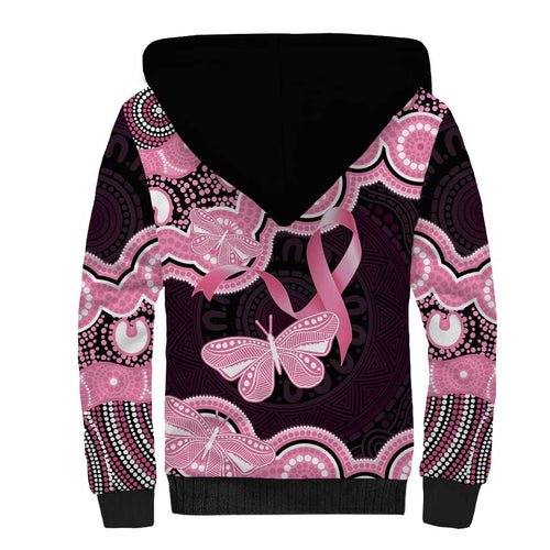 Australia Indigenous Sherpa Hoodie Pink Ribbon Breast Cancer Butterfly Aboriginal Black - Aussie Hoodie