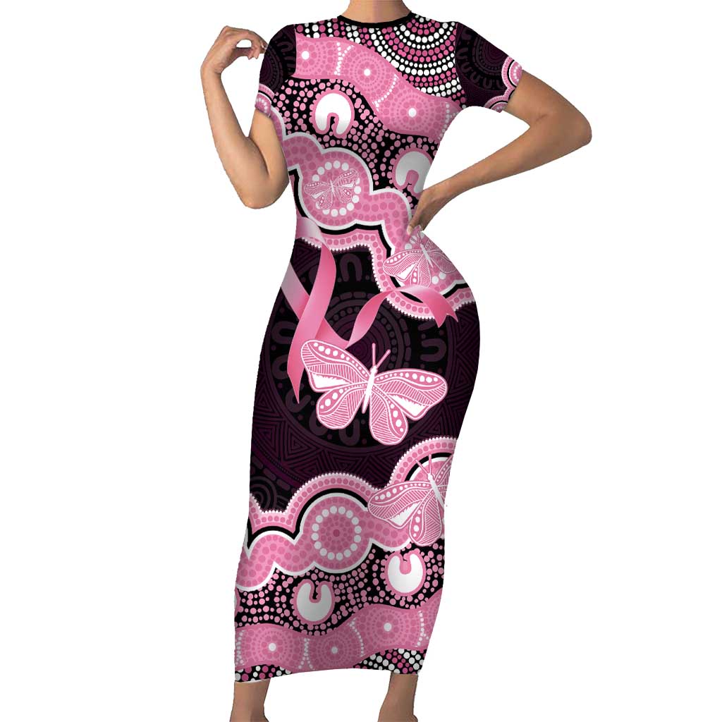 Australia Indigenous Short Sleeve Bodycon Dress Pink Ribbon Breast Cancer Butterfly Aboriginal Black - Aussie Hoodie