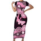 Australia Indigenous Short Sleeve Bodycon Dress Pink Ribbon Breast Cancer Butterfly Aboriginal Black - Aussie Hoodie