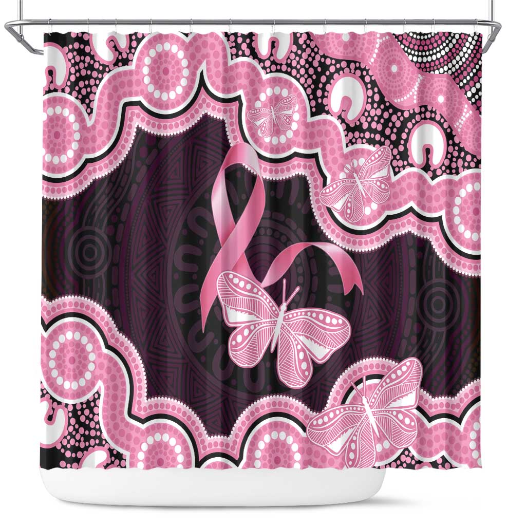 Australia Indigenous Shower Curtain Pink Ribbon Breast Cancer Butterfly Aboriginal Black - Aussie Hoodie