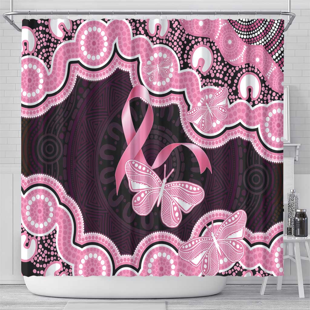 Australia Indigenous Shower Curtain Pink Ribbon Breast Cancer Butterfly Aboriginal Black - Aussie Hoodie