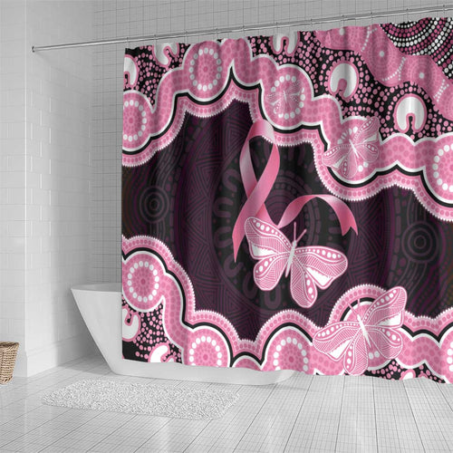 Australia Indigenous Shower Curtain Pink Ribbon Breast Cancer Butterfly Aboriginal Black - Aussie Hoodie