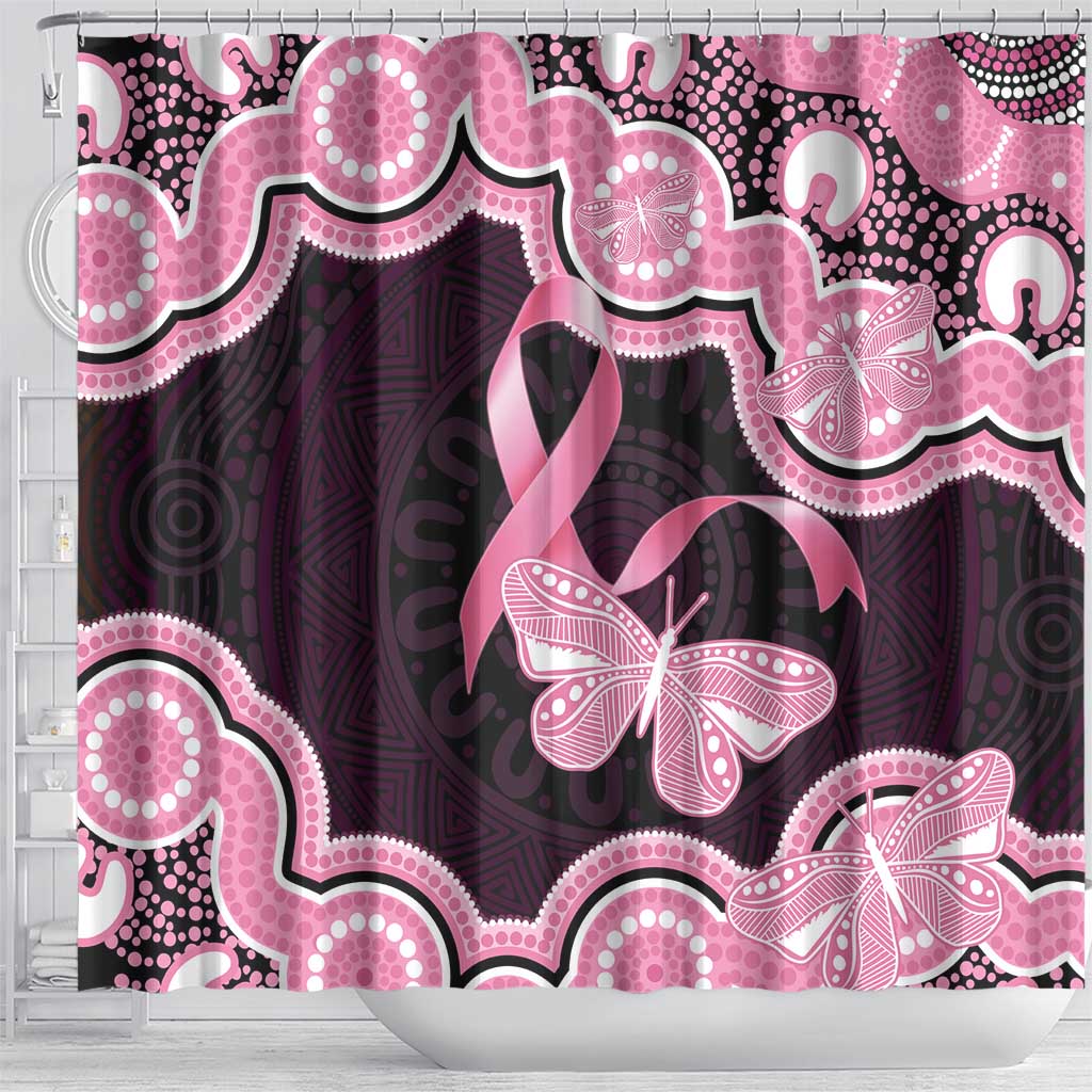 Australia Indigenous Shower Curtain Pink Ribbon Breast Cancer Butterfly Aboriginal Black - Aussie Hoodie