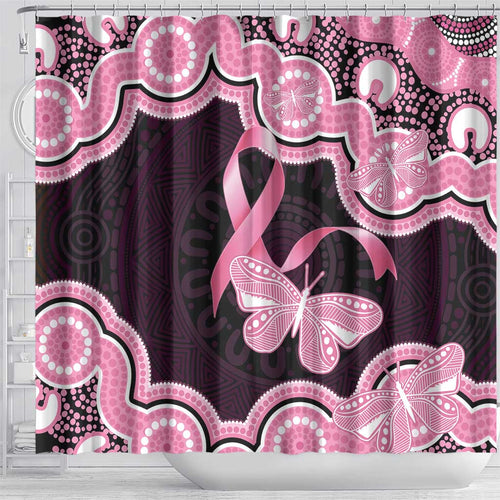 Australia Indigenous Shower Curtain Pink Ribbon Breast Cancer Butterfly Aboriginal Black - Aussie Hoodie