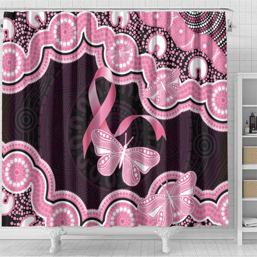 Australia Indigenous Shower Curtain Pink Ribbon Breast Cancer Butterfly Aboriginal Black - Aussie Hoodie