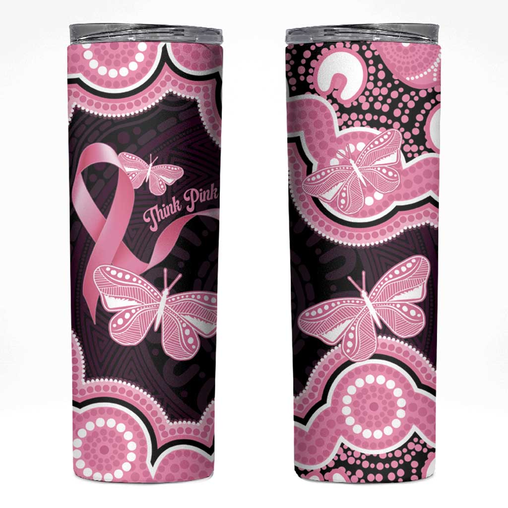 Australia Indigenous Skinny Tumbler Pink Ribbon Breast Cancer Butterfly Aboriginal Black - Aussie Hoodie
