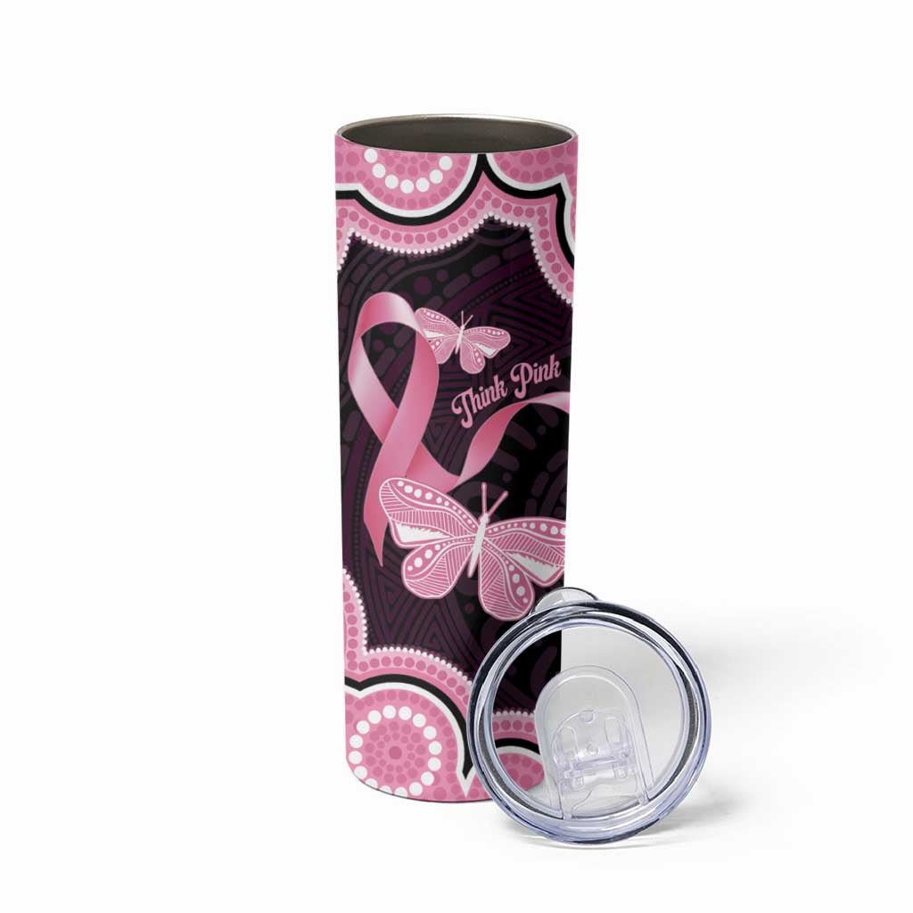 Australia Indigenous Skinny Tumbler Pink Ribbon Breast Cancer Butterfly Aboriginal Black - Aussie Hoodie
