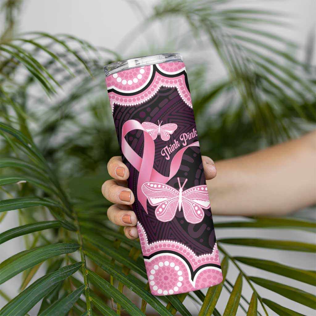 Australia Indigenous Skinny Tumbler Pink Ribbon Breast Cancer Butterfly Aboriginal Black - Aussie Hoodie