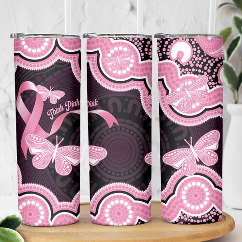 Australia Indigenous Skinny Tumbler Pink Ribbon Breast Cancer Butterfly Aboriginal Black - Aussie Hoodie